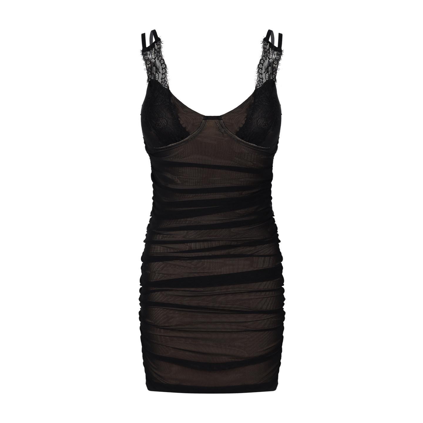 Черное Кружевное Пэчворк Платье-Топ с Чашечками - Женское Летнее Сетчатое Облегающее Платье-Юбка L