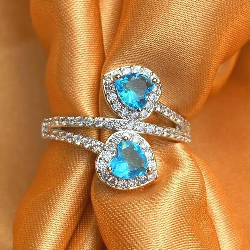 Fashion Double Love Heart Aqua Blue Cubic Zirconia Rings For Women Engagement Jewelry Rings For Girlfriend Anniversary Gift