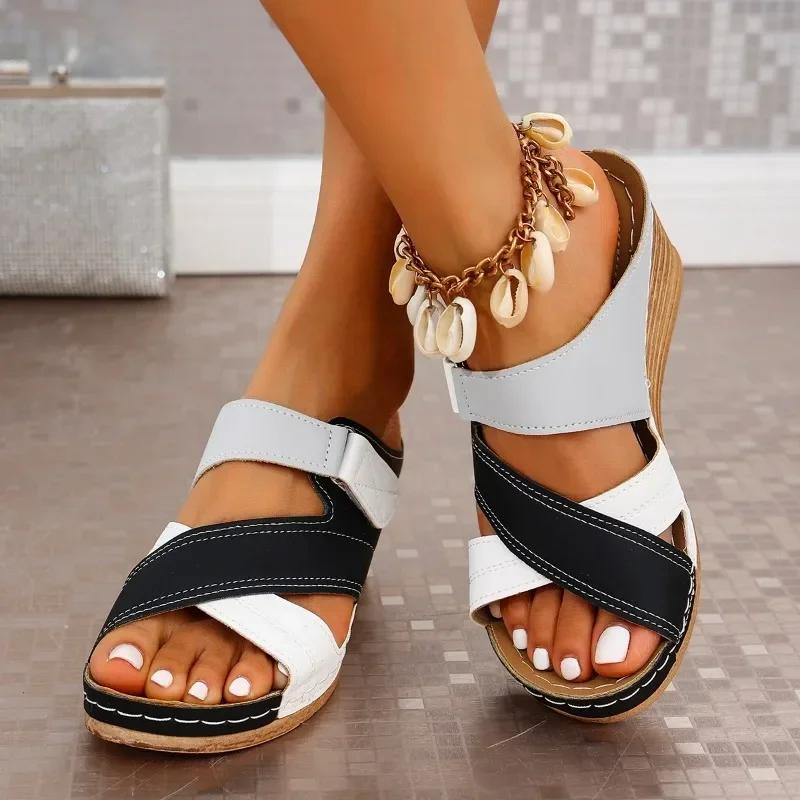 Fashion Ladies Shoes 2025 Peep Toe Slippers Women Fashion Color Matching Casual Summer Footwear Plus Size Women's Platform Wedge Sandals