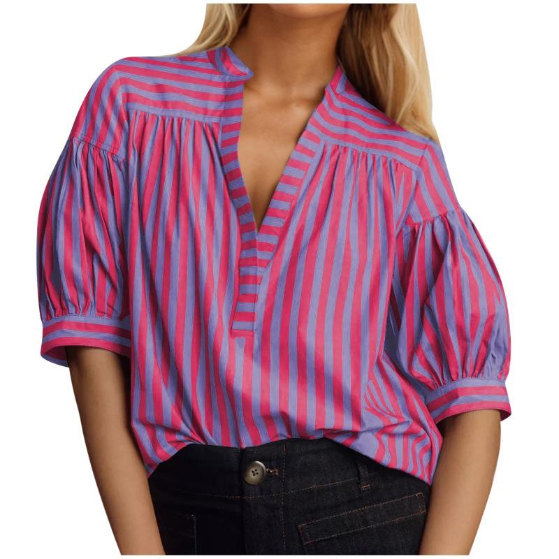 Fashion Loose Striped Lantern Short Sleeve Summer Shirt Women Loose Casual Simple Blouse Office Ladies Elegant Basic Streetwear Women's Clothing
