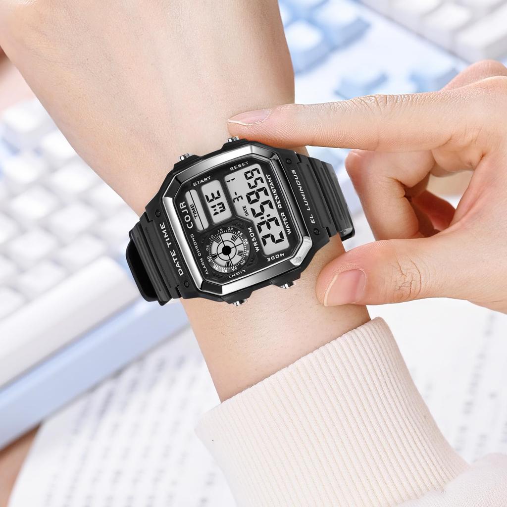 [COJR] Men's Digital Watch, 5 ATM Water Resistant, Multi-Function, Alarm, Stopwatch, Date, Day of the Week, LED Color Light, Popular, Simple,