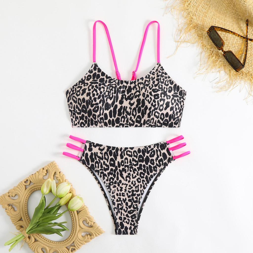 2025 European & American Leopard Print Push-up Color Block Bikini