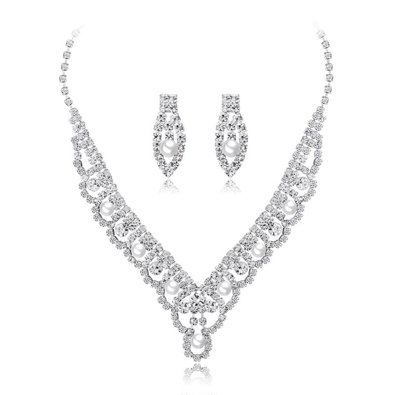 Hot! 2pcs/set Women Bright Luxurious Necklace Earring Set Crystal Diamond Bridal Accessories