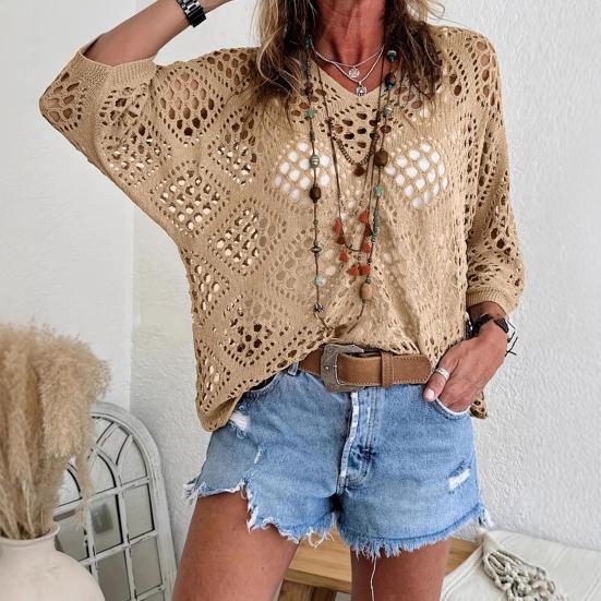Women Tops Solid V-Neck 45720 Sleeve Knitting Color Loose Fit Cover