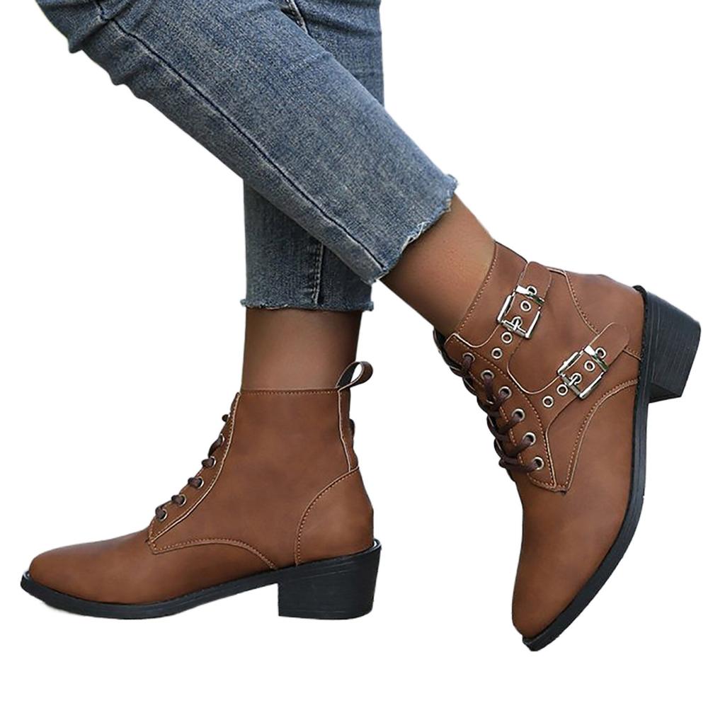 Ladies And Winter Solid Color Versatile Chunky Heel Large Belt Low Barrel Short Boots Women Boots Low Heel