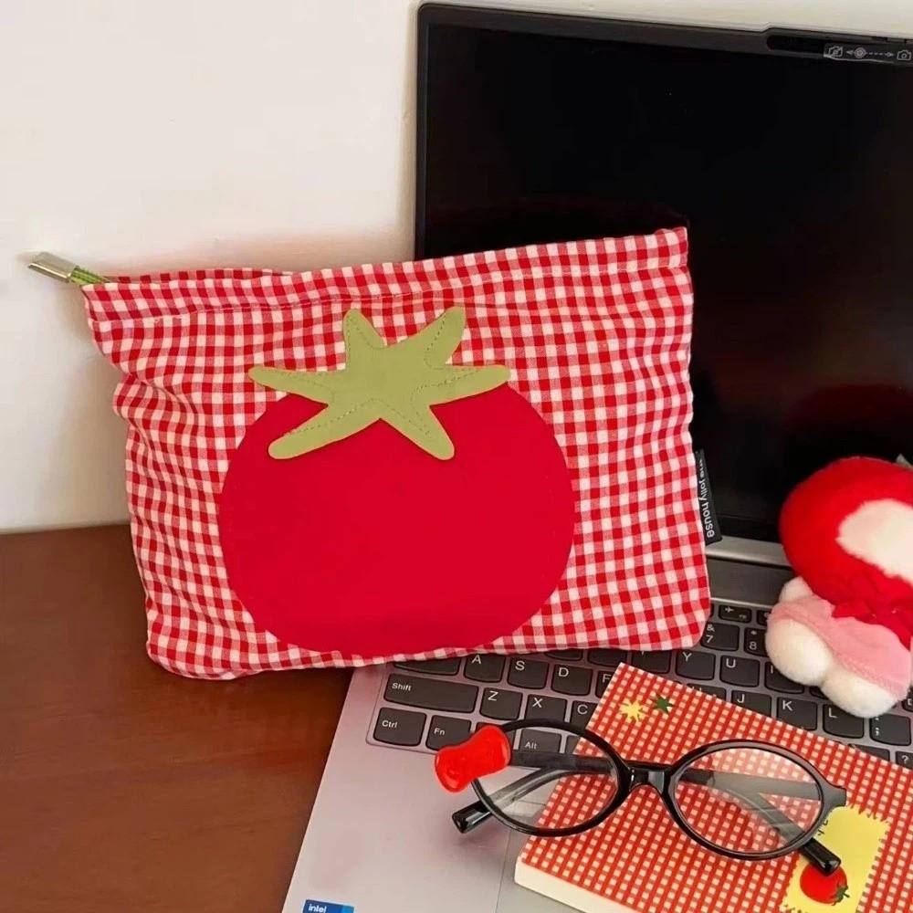 Sac à Maquillage Simple à Carreaux Rouges Tomate Sac à Necessaire de Voyage Grande Capacité Étui Cosmétique Léger Sac à Rouge à Lèvres Écouteurs
