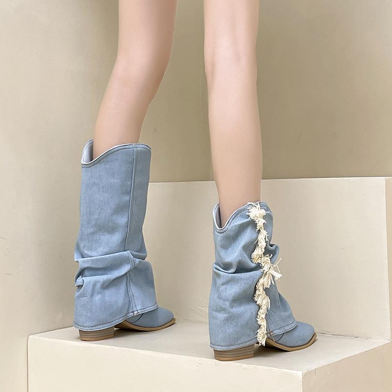 Versatile Retro Pointed Short Boots Thin Cowboy Boots Autumn and Winter Fashion Pleated Trouser Boots Thick Heel Medium Tube Fashion Boots
