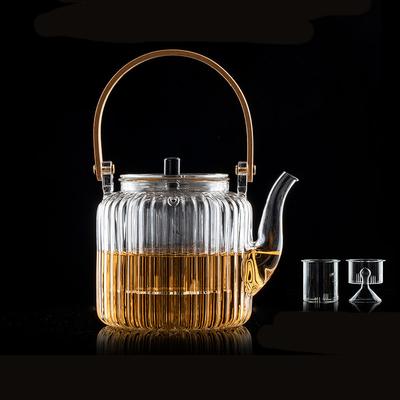 Japanisches vertikales Streifenmuster Kochender gedämpfter Glas-Teekanne Puer-Blüten-Teekanne Kungfu-Teekanne Flacher Bambus-Hebegriff-Kessel