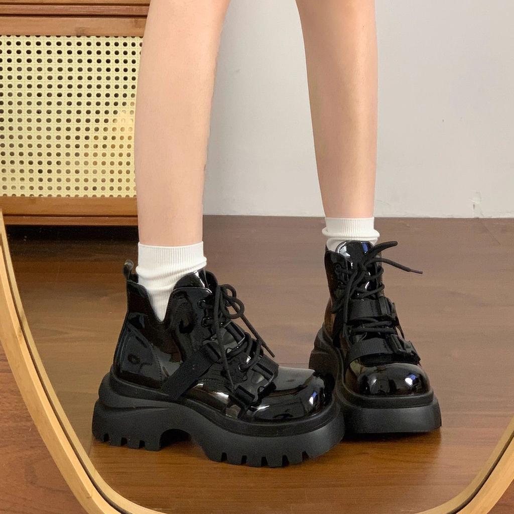 Sense Niche British Style Short Boots Temperament Black Lace-up Design Thick-soled Martin Boots Retro