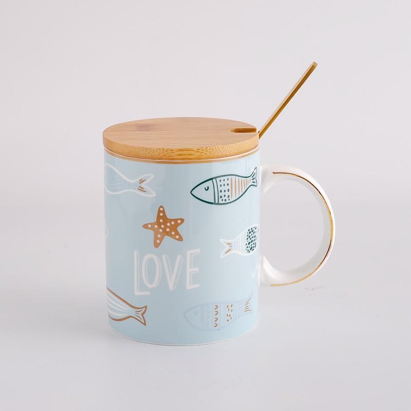 

400ML Simple Ceramic Mug With Wood Lid And Stainless Steel Spoon Funny Novelty Gift for Teacher Mom Women Friend Lovers 301-400ml