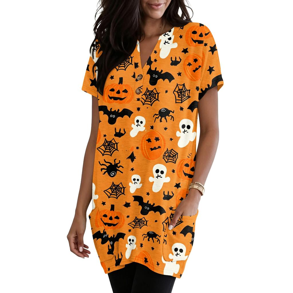 Women's V Neck Halloween Print Short Sleeve Pullover Dress with Pocket Casual Loose Fit Tunic Dress for Daily Wear