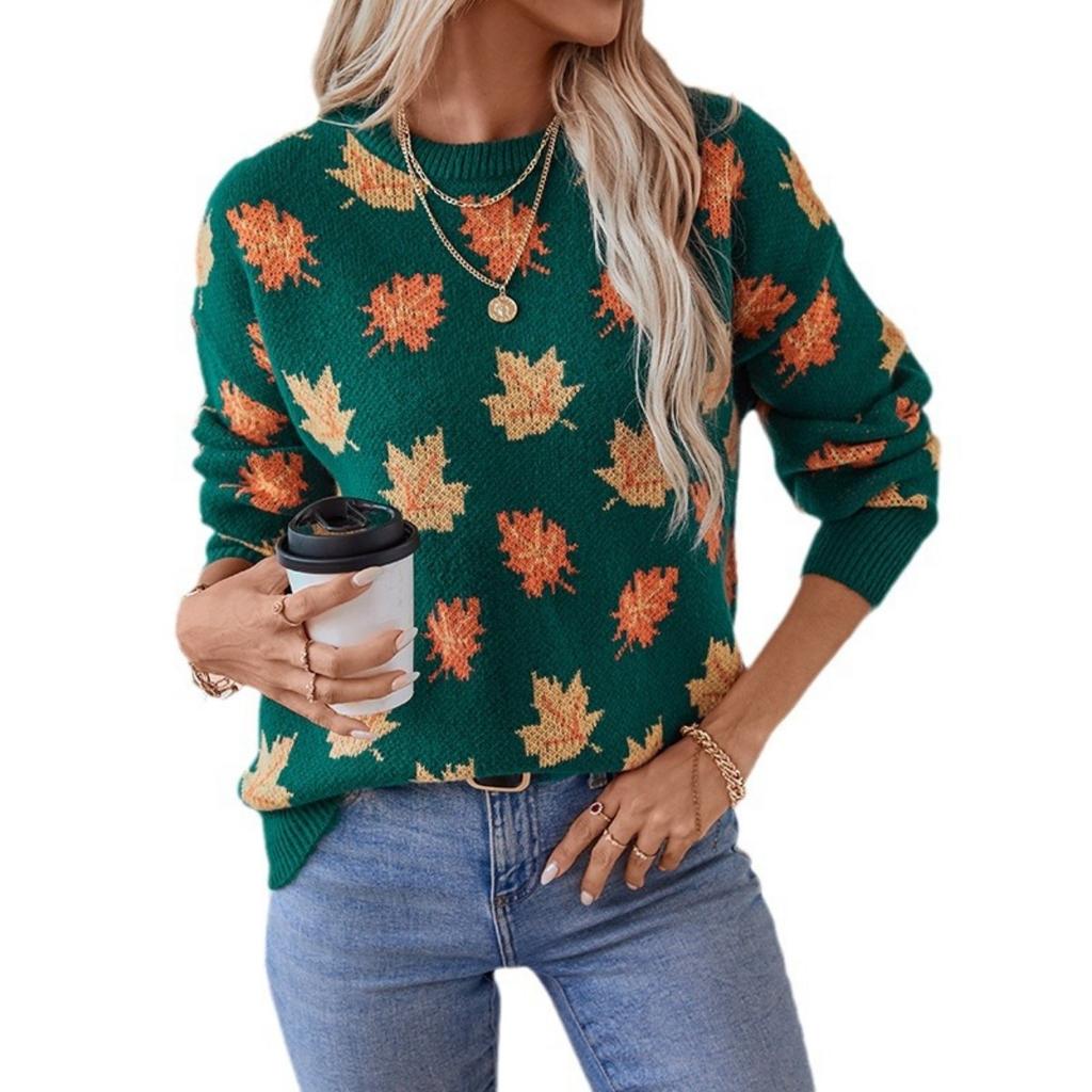 Ladies' Elegant Autumn Leaf Printed Sweater - Soft Elastic Long Sleeve Round Neck Hoodie with Fallen Leaf Pattern