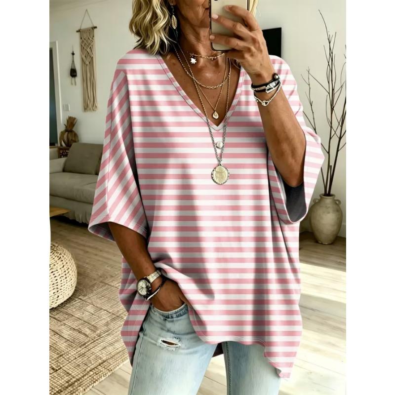 Camiseta de cuello en V de talla grande para mujer, top retro casual, con diseño estampado, moderna y versátil, lavable a máquina.
