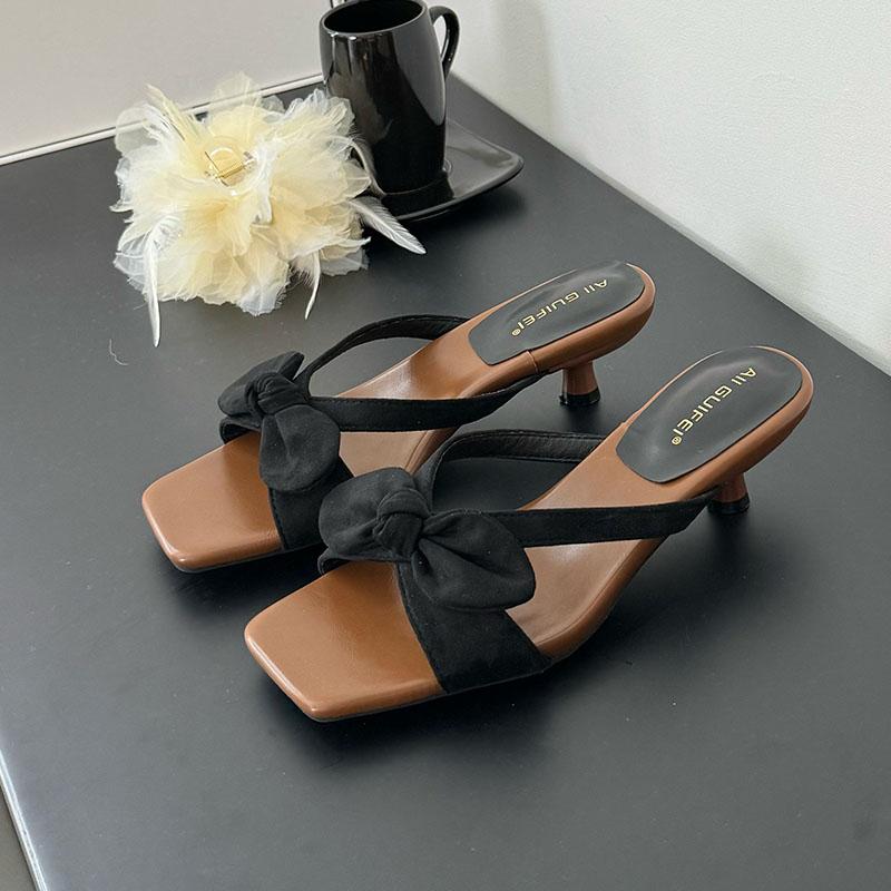 Fashion Low Heel Female Slides Women Slippers Shoes Luxury Footwear Fashion Butterfly-Knot Ladies Heeled Slippers Sandals Shoes Pumps
