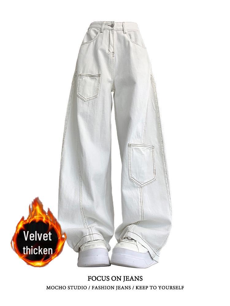 

American Retro High-Waisted White Wide-Leg Jeans for Women – Autumn/Winter Plus Velvet, Slimming, Loose Fit. S [42-47 kg]