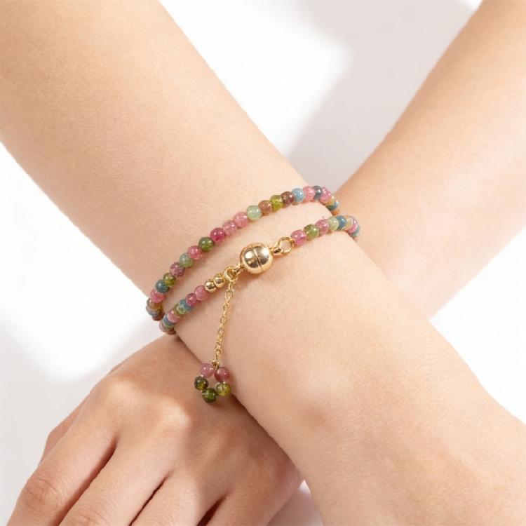Elegant and Stylish Natural Tourmaline Bracelet Copper Double Strand Beaded Wrist Chain Jewelry Piece for Women