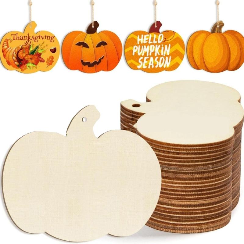 10pcs Decorative Wood Pumpkin Blanks Paintable Plaque for Creative Halloween and Thanksgiving Projects Party Supplies