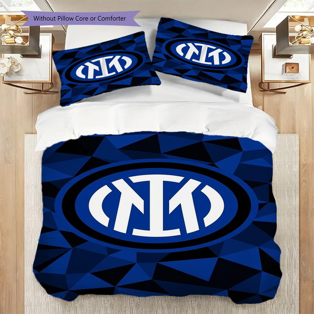 Inter Milan Emblem Blue Geometric Background Three-piece set (1 * duvet cover + 2 * pillowcase, without core) Soft and comfortable