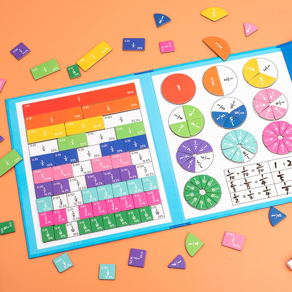 Montessori Magnetic Math Master Set Fraction Educational Puzzle Mathematics Wooden Fraction Book for Kids Adding Subtracting