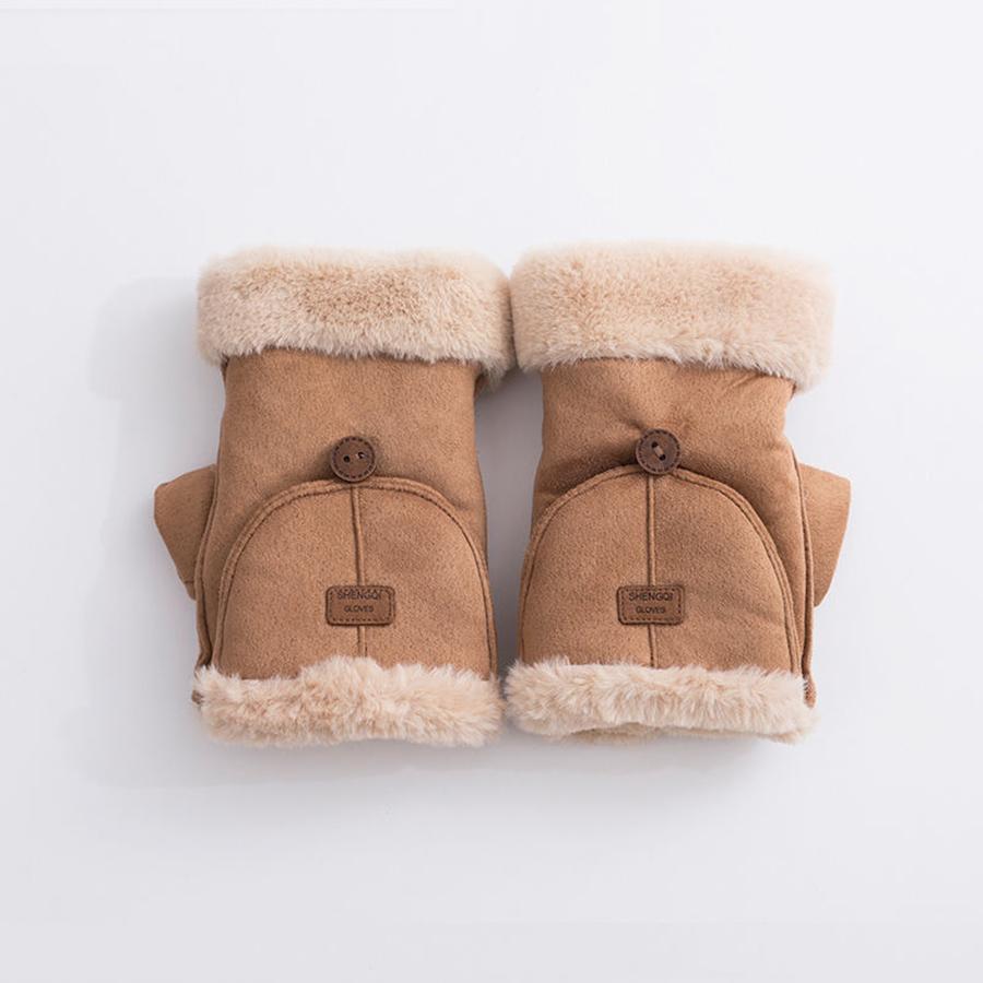 Cycling gloves made of suede for women, warm and cute in autumn and winter, with thick velvet flip cover for office touch screen