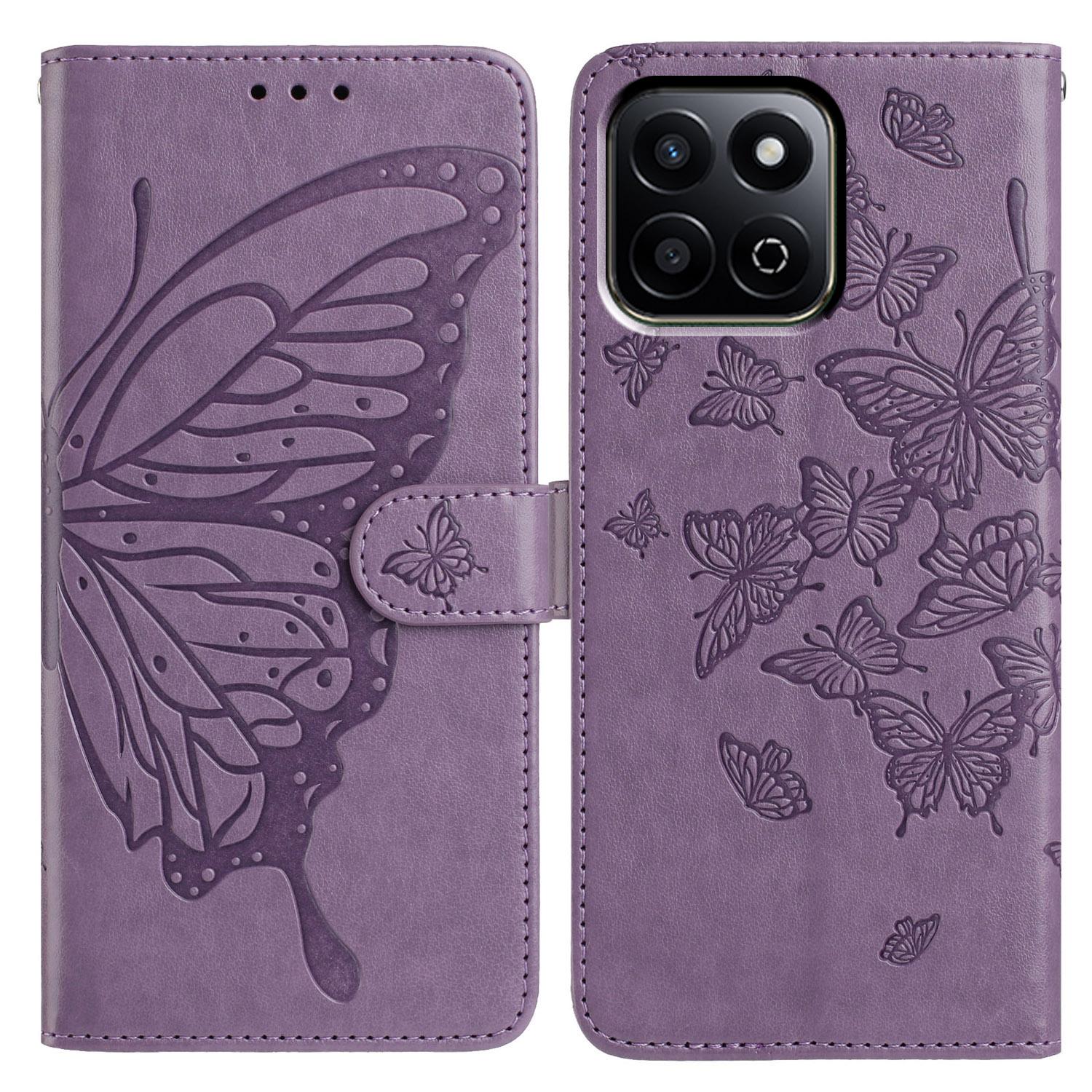 

For Honor X6c 4G Case Butterfly Imprinted Wallet Stand PU Leather Flip Phone Cover with Strap Purple
