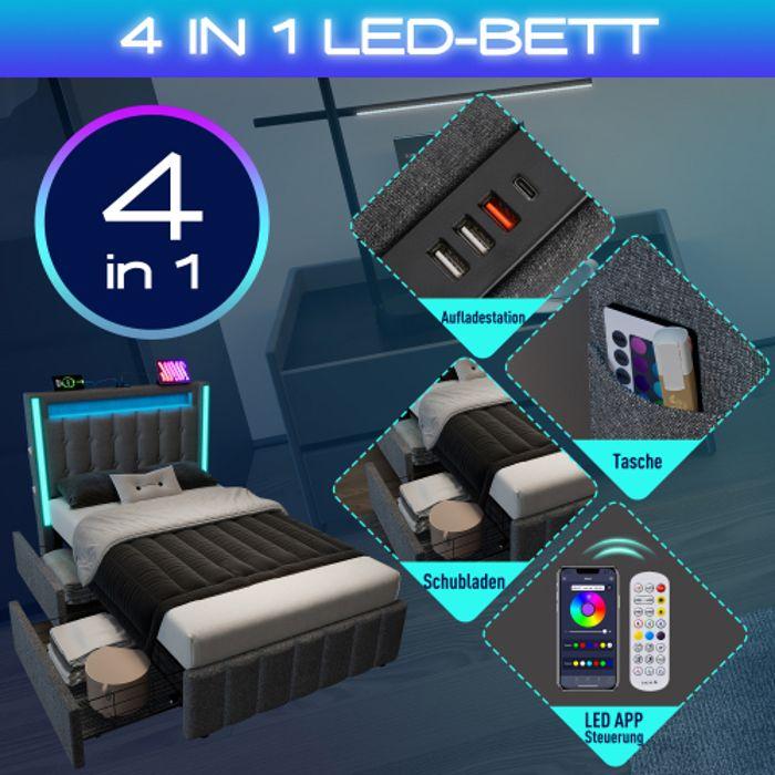 Lit Simple - MUVOE - 90x200 Cm - Chargeur Type C - Éclairage LED - 2 Tiroirs Gris