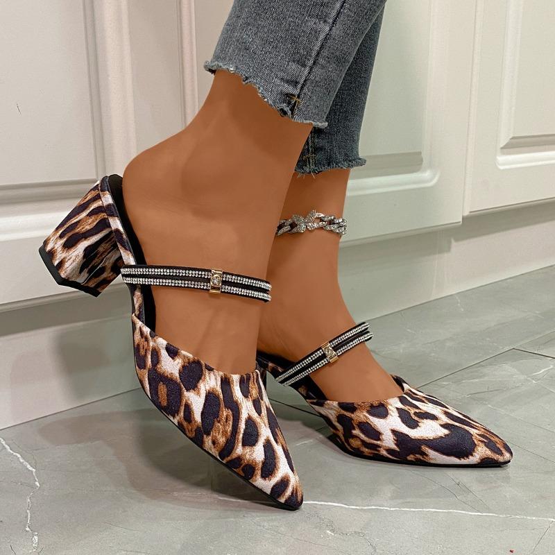 2024 Fashion Shoes Female Closed Toe Women's Slippers Autumn Pointed Toe Leopard Print Slingbacks Shallow Chunky Heels Shoes