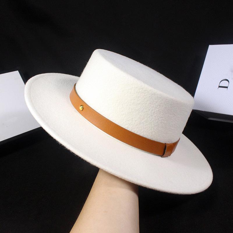 New white woolen top hat for women, British versatile flat top big eaves hat for children, autumn and winter trendy men