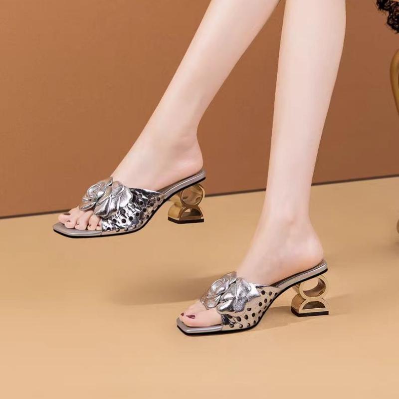 Fashion 2025 Luxury Women's Slippers Summer Chunky High Heels Square Head Open Toe Hole Flower Sandals Casual Comfort Abnormity Slippers
