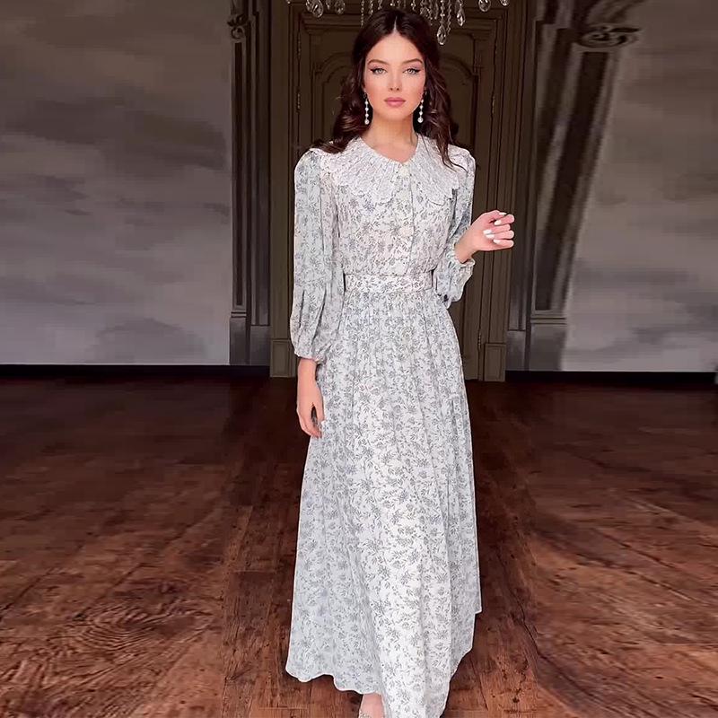 2024 European & American Color Block Patchwork Peter Pan Collar Dress for Women