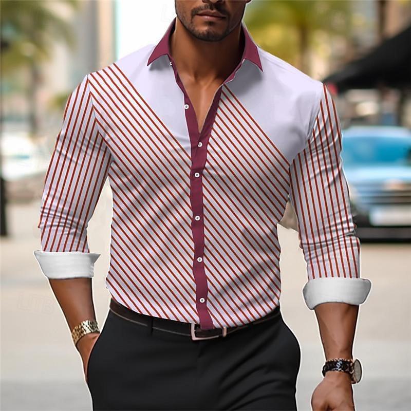 Striped men's business casual 3D printed shirt for outdoor wear, daily work folding, long sleeved oversized xs-6xL for comfort