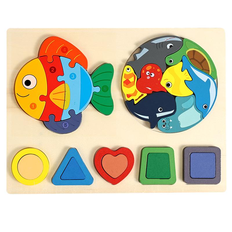 Cpc Drei-in-Eins Dreidimensionales Puzzle, Kinder Früherziehung Geometrische Form Tiererkennung Puzzle Holzspielzeug