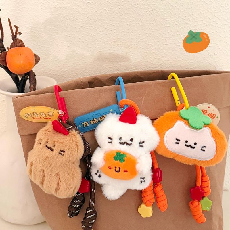 Cute Cartoon Persimmon Peanut Doll Keychain Kawaii Kitten Plush Hanging Ornament Bag Decoration Pendant Accessories Gift