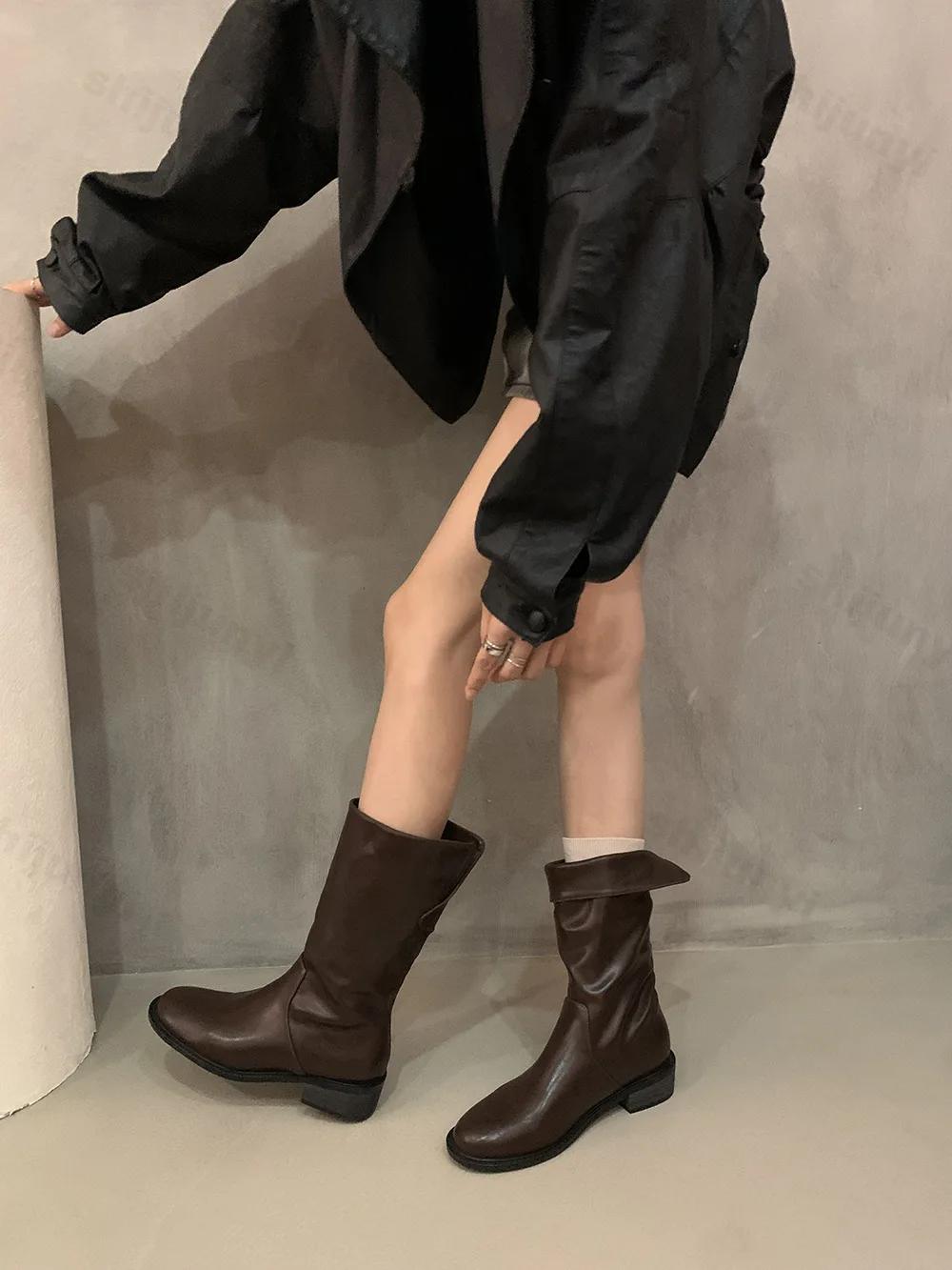 

Женские сапоги на высоком каблуке с плиссировкой до середины голени, осенне-зимние женские модные кожаные сапоги в стиле вестерн, женские сапоги-ковбойши с острым толстым каблуком 39