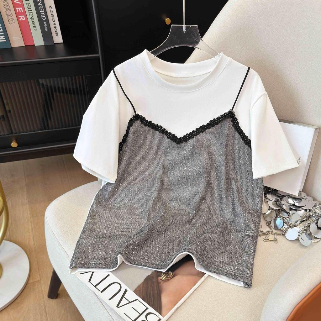 2026 Summer Women's Casual Sequin Patchwork Round Neck T-shirt
