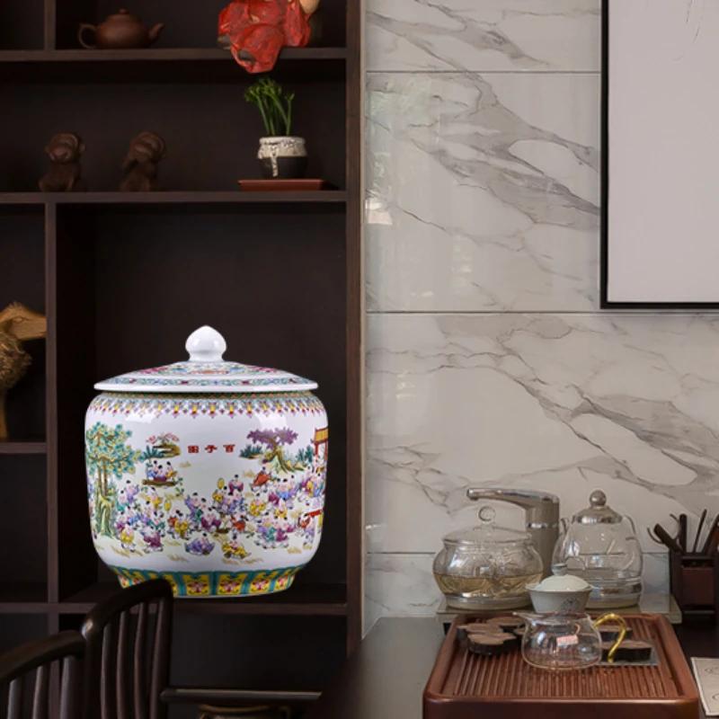Jingdezhen Ceramic Enamel Tea Jar with Lid Antique Style Sealed Storage Utensils for Pu'er Tea Household Kitchen Caddy