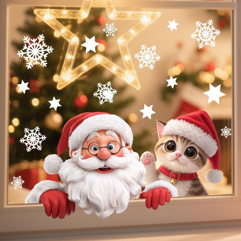 2026 Cartoon Cute Santa Snowflake Window Sticker Self-adhesive Wall Sticker Double-sided Visual Glass Decorative Sticker