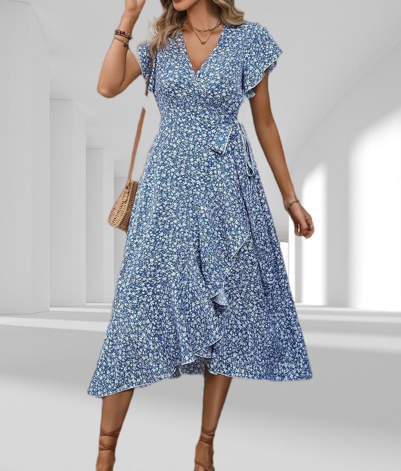 European and American summer floral new vacation short-sleeved temperament waist v-neck wrap dress