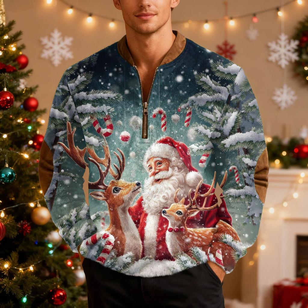Mens Christmas Sweater Zip Up Sweatshirts Vintage Knit Graphic Sweatshirt Xmas Stand Collar Pullover