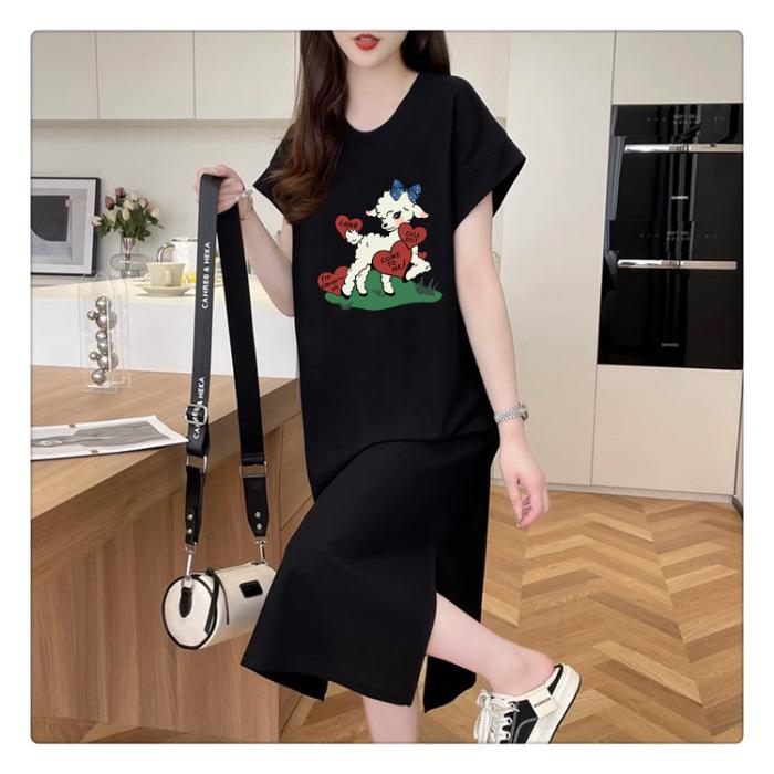 Women's Short-sleeved T-shirt Dress Summer Mid-length Over The Knee Casual Long Dress Plus-size Age Reduction T-shirt Cartoon Dress