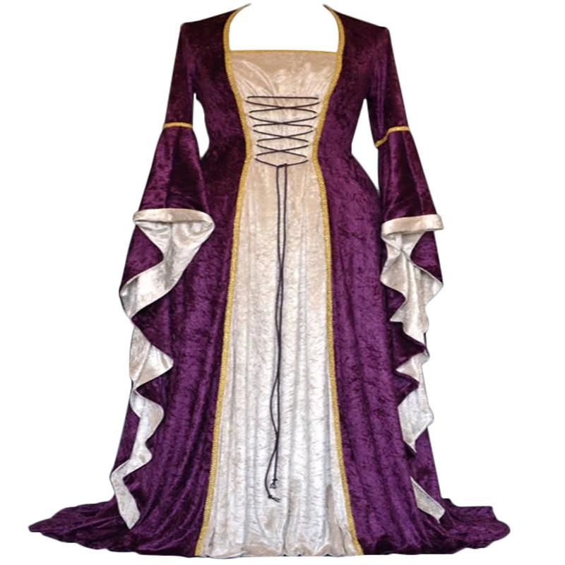 Vintage Gold Velvet Lace-Up Flared Sleeve Medieval Floor-Length Dress for Women