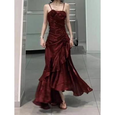 Korean Vintage Velvet Long Dress Women Luxury Slim Mermaid Spaghetti Strap Floral Dress Elegant Sexy Casual Evening Party Dress