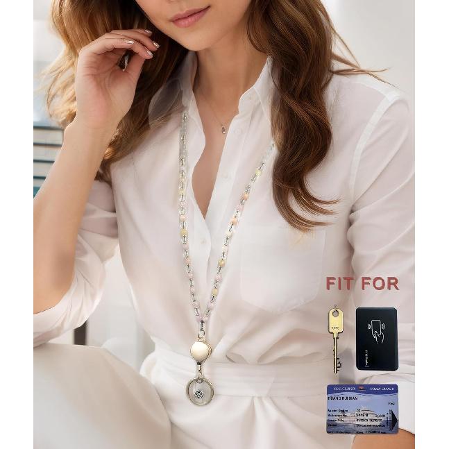 Retractable Lanyards for ID Badges and Keys, Beaded Lanyards for Women Natural Stone, Teacher Lanyard High-Performance Cute Lanyard Morganite