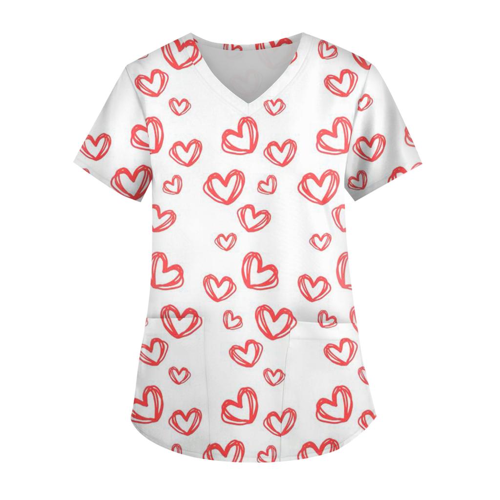 Damen Valentinstag Bedruckt Modisch V-Ausschnitt Tasche Kurzärmelig Uniform Und Pflegeroberteil