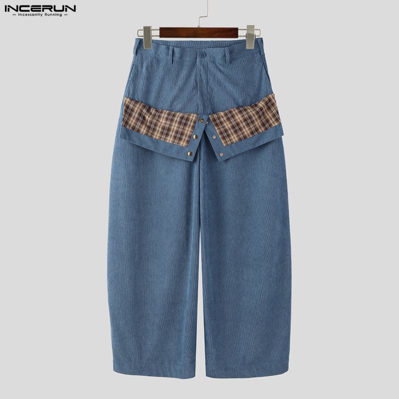 INCERUN Men Zip-up Plaid Wrap Waist Casual Loose Texture Baggy Trousers Pants