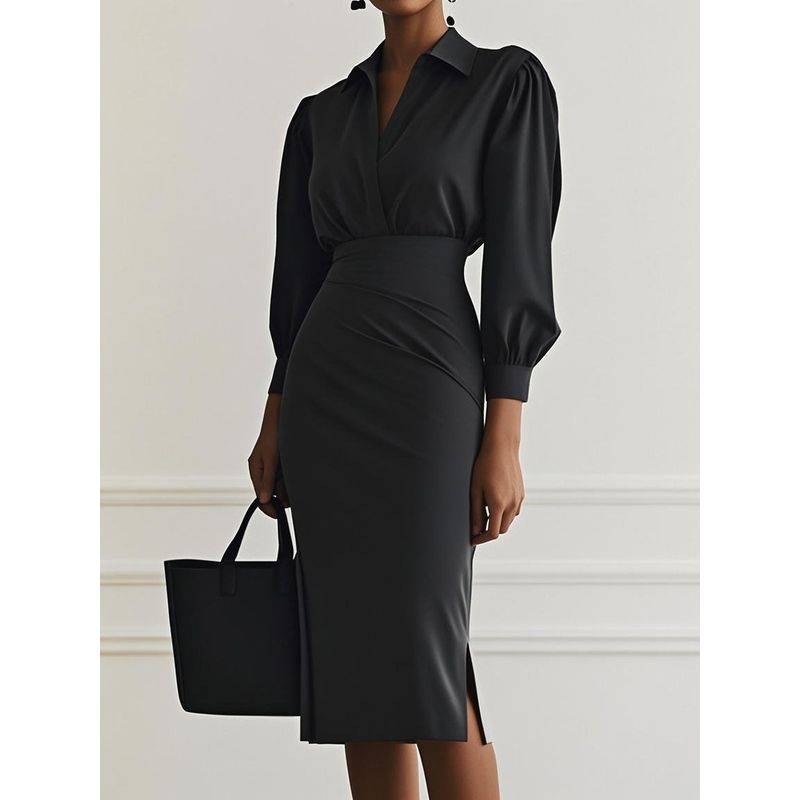 

2025 New Autumn Simple and Stylish V-neck Solid Waist Hugging Pleat One piece Dress Women clothing Black L