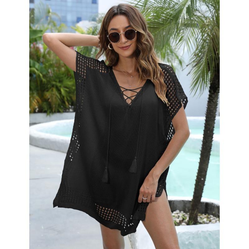 Plus Size Women's Summer Deep V Lace Up Woven Holiday Beach Bikini Smock Dress