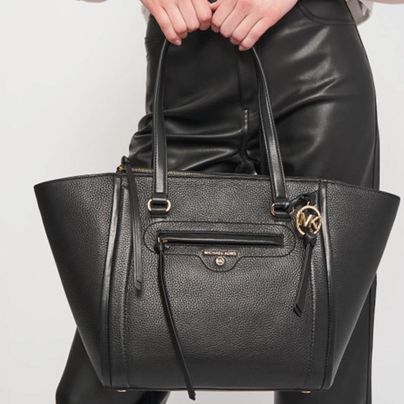 Michael Kors Carine Letter Logo Solid Color Leather Tote Bag Women Tote Bags Black 30S1GCCT3L001