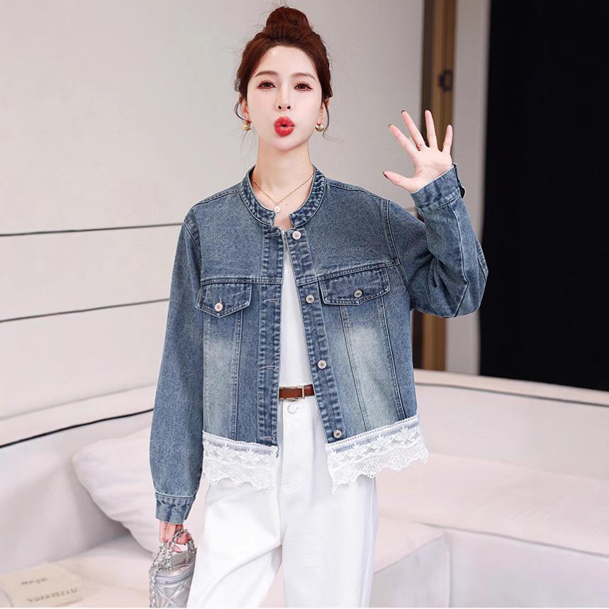 2025 Spring Women's Denim Jacket with Lace Patchwork and Stand Collar, Model OU6783