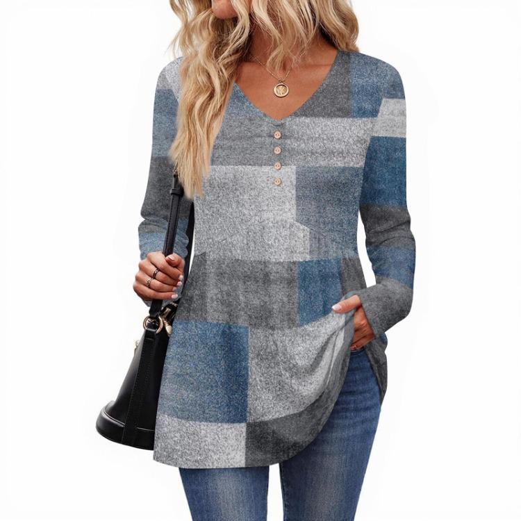 Retro Floral Print Long Sleeve Top Women Casual V Neck Button Blouse